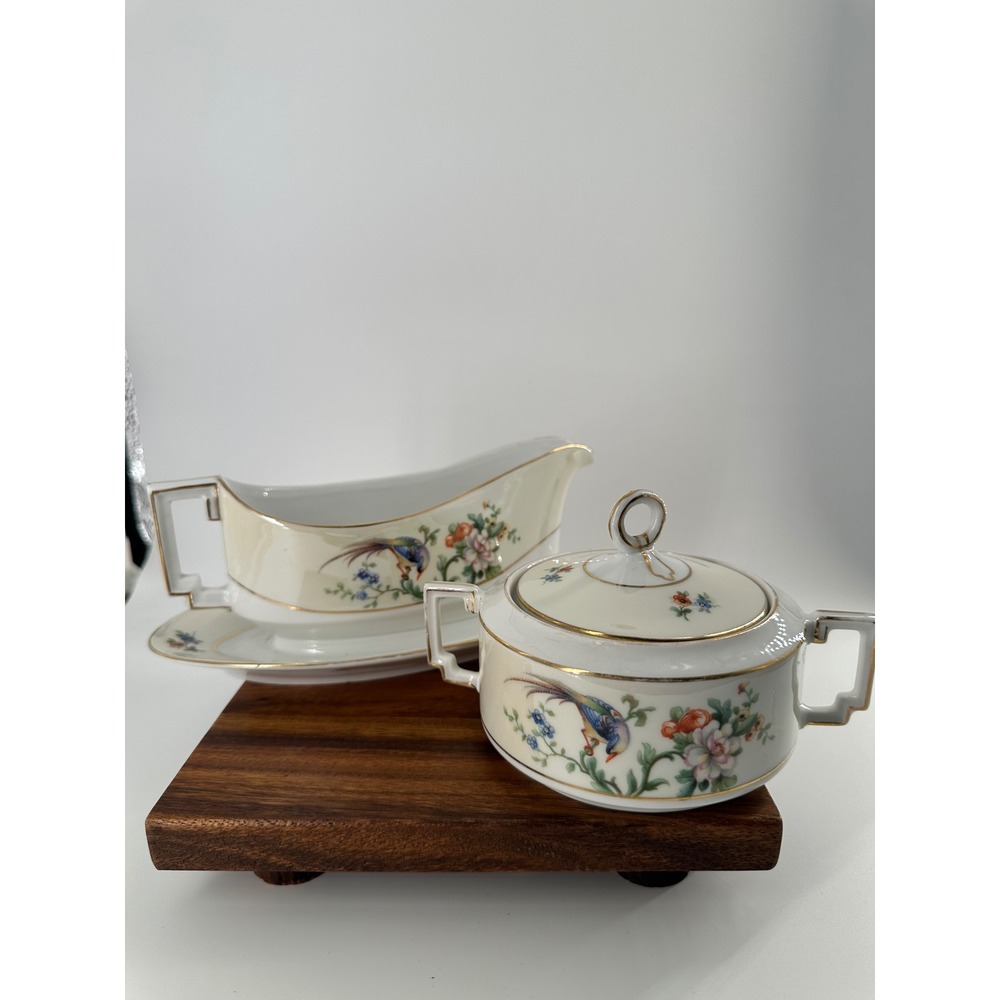 Heinrich Selb Bavaria Imperial Gravy Boat and Sugar Bowl Bird of Paradise 10650